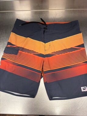 Men's Navy Swim Trunks with Orange Gradient Stripes